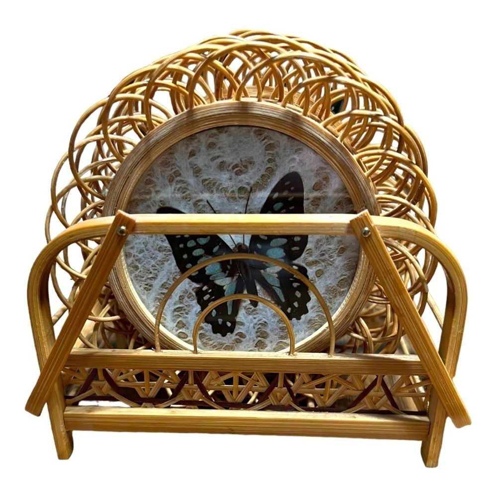 MCM Boho Butterfly Wicker Rattan Coaster Set with Carrier